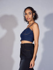 Women Blue Denim Strappy Crop Top