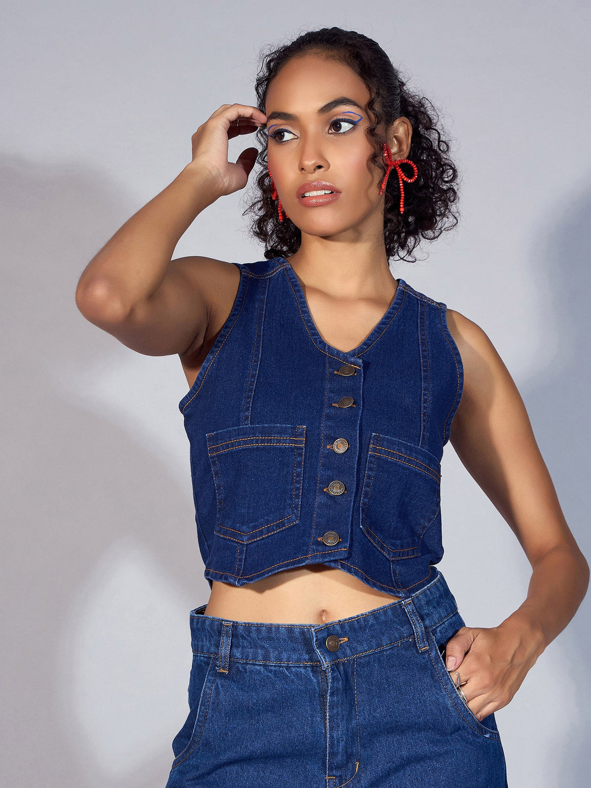 Women Blue Denim Waistcoat Top