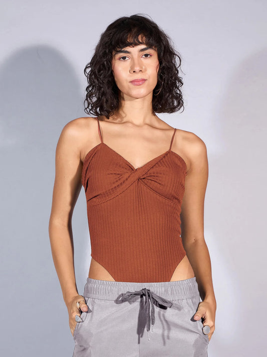 Women Brown Rib Front Twist Bodysuit