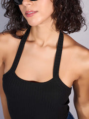 Women Black Rib Halter Neck Top