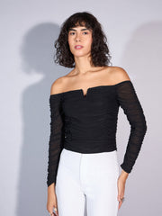 Women Black V Neck Ruched Top