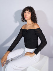 Women Black V Neck Ruched Top