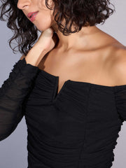 Women Black V Neck Ruched Top