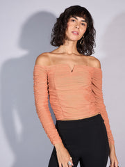 Women Beige V Neck Ruched Top