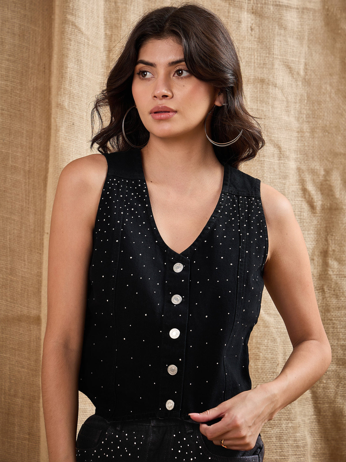 Women Black Denim Studded Waistcoat Top