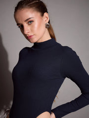 Women Navy Rib High Neck Bodysuit