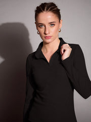 Women Black Rib Polo Neck Top