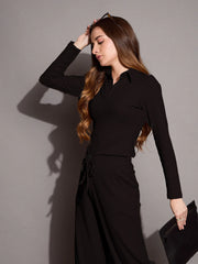 Women Black Rib Polo Neck Top