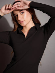 Women Black Rib Polo Neck Top