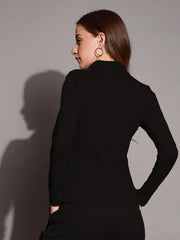 Women Black Rib Polo Neck Top