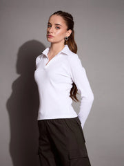 Women White Rib Polo Neck Top