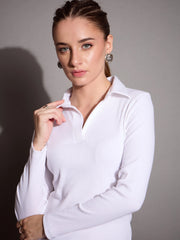 Women White Rib Polo Neck Top