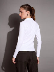 Women White Rib Polo Neck Top