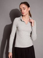 Women Grey Melange Rib Polo Neck Top