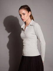 Women Grey Melange Rib Polo Neck Top