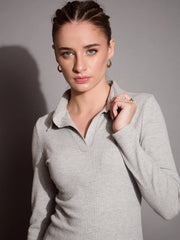 Women Grey Melange Rib Polo Neck Top