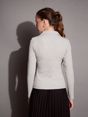 Women Grey Melange Rib Polo Neck Top