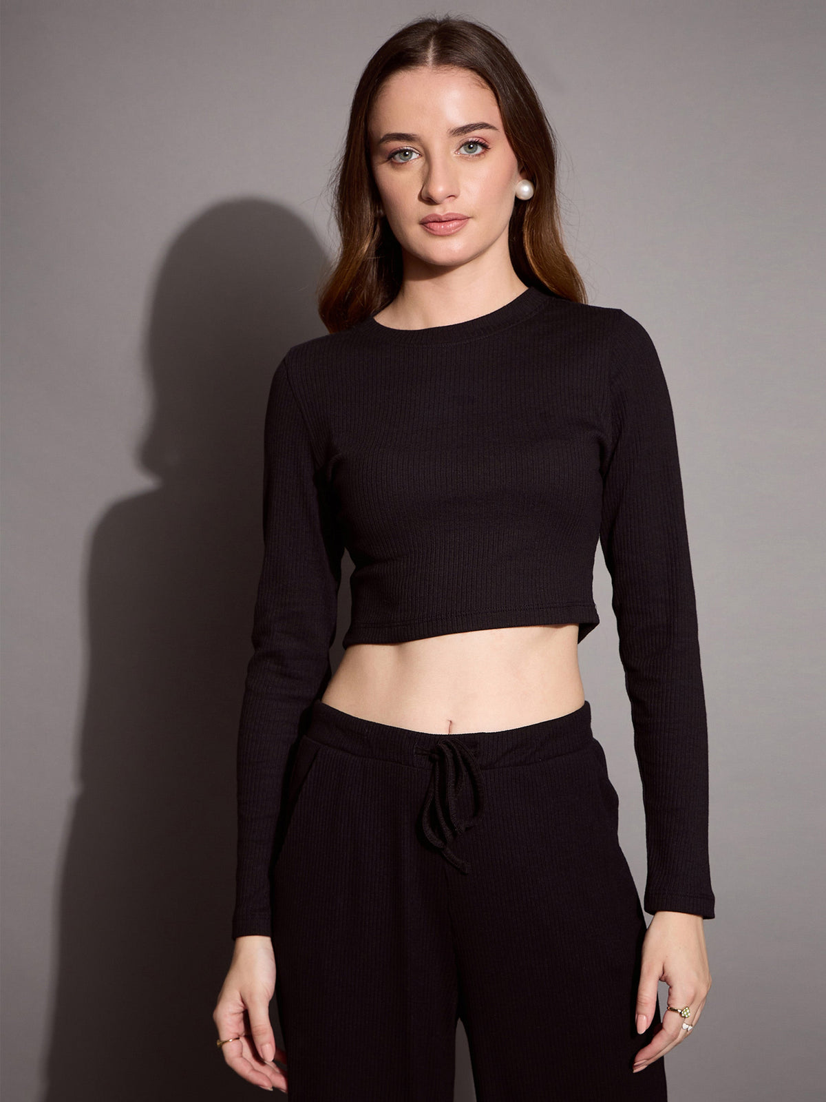 Women Black Rib Full Sleeve Crop Top