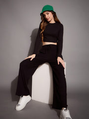 Women Black Rib Full Sleeve Crop Top