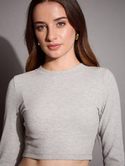 Women Grey Melange Neck Full Sleeve Crop Top