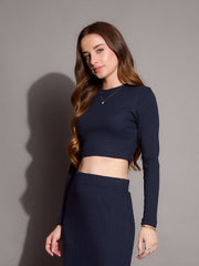 Women Navy Rib Full Sleeve Crop Top