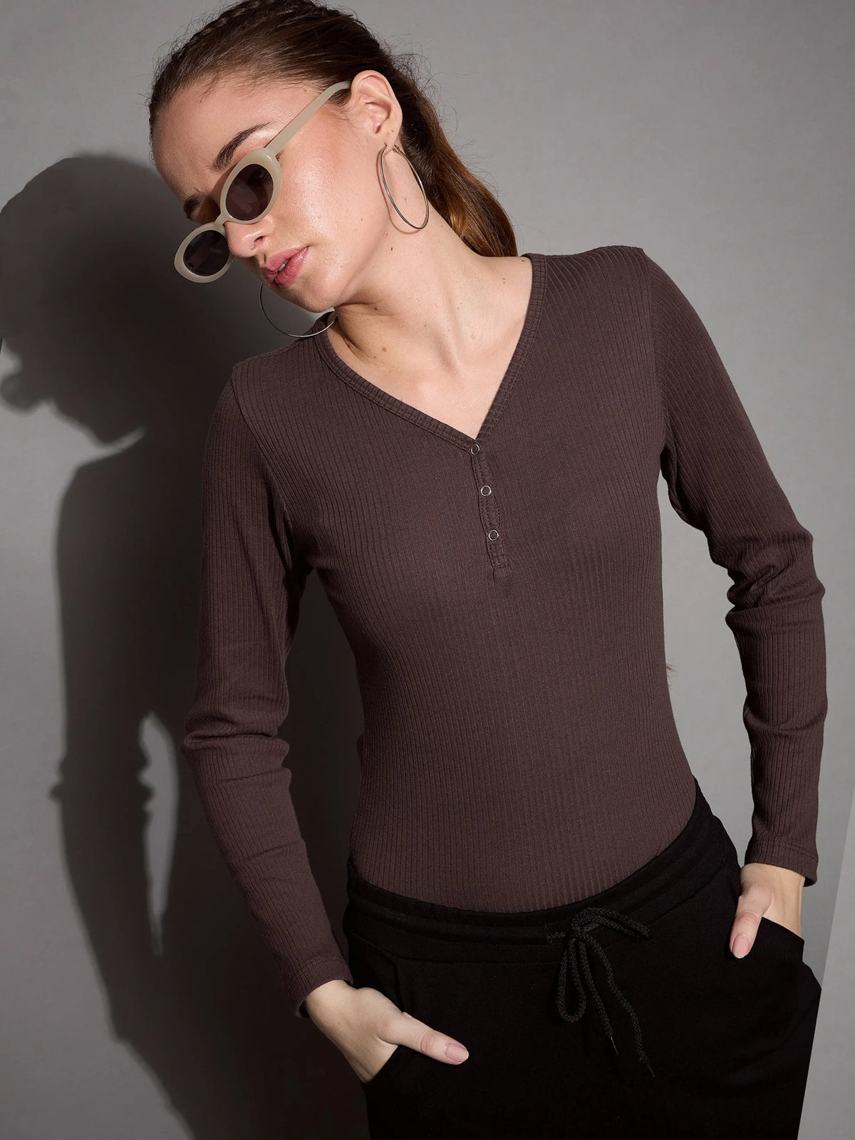 Women Brown Rib V-Neck Full Sleeves Top