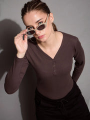 Women Brown Rib V-Neck Full Sleeves Top