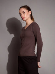 Women Brown Rib V-Neck Full Sleeves Top