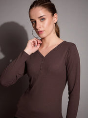 Women Brown Rib V-Neck Full Sleeves Top