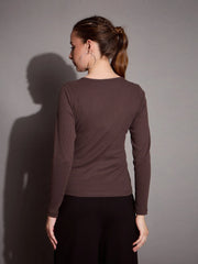 Women Brown Rib V-Neck Full Sleeves Top