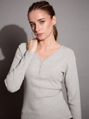 Women Grey Melange Rib V-Neck Full Sleeves Top