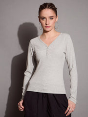 Women Grey Melange Rib V-Neck Full Sleeves Top