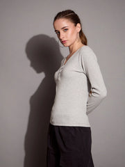 Women Grey Melange Rib V-Neck Full Sleeves Top