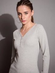 Women Grey Melange Rib V-Neck Full Sleeves Top