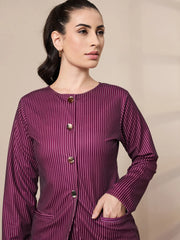 Women Maroon Stripe Round Neck Full Sleeve Top