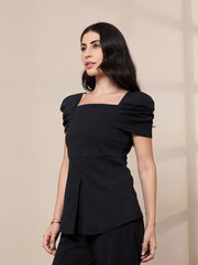 Women Black Square Neck Peplum Top