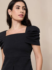 Women Black Square Neck Peplum Top