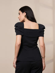 Women Black Square Neck Peplum Top