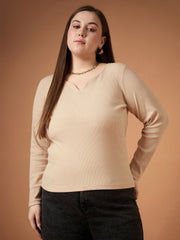 Women Beige Rib Full Sleeves Top