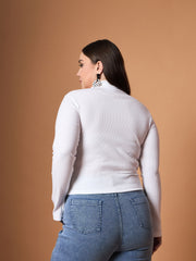 Women White Rib Front Zipper High Neck Top