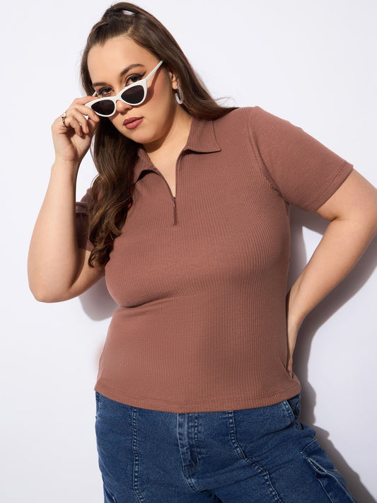 Women Brown Rib Front Zipper Polo Neck Top