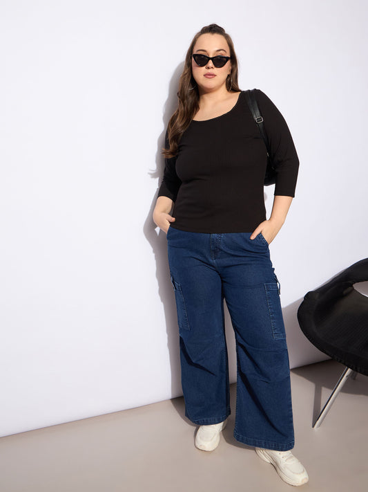 Women Black Rib Round Neck Lace Detail Top