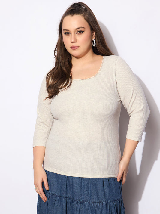 Women Beige Melange Round Neck Lace Detail Top