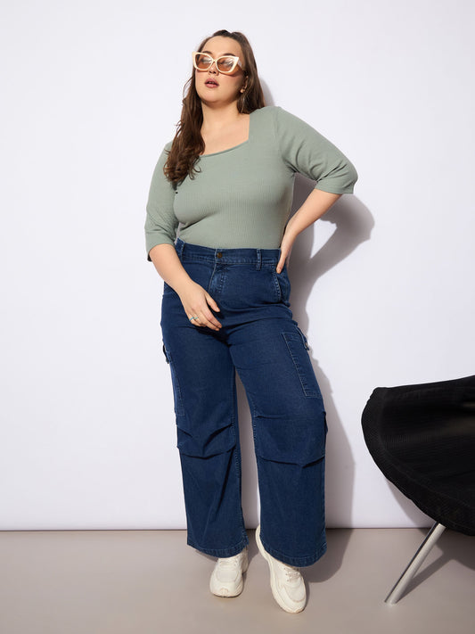 Women Green Rib Square Neck Top
