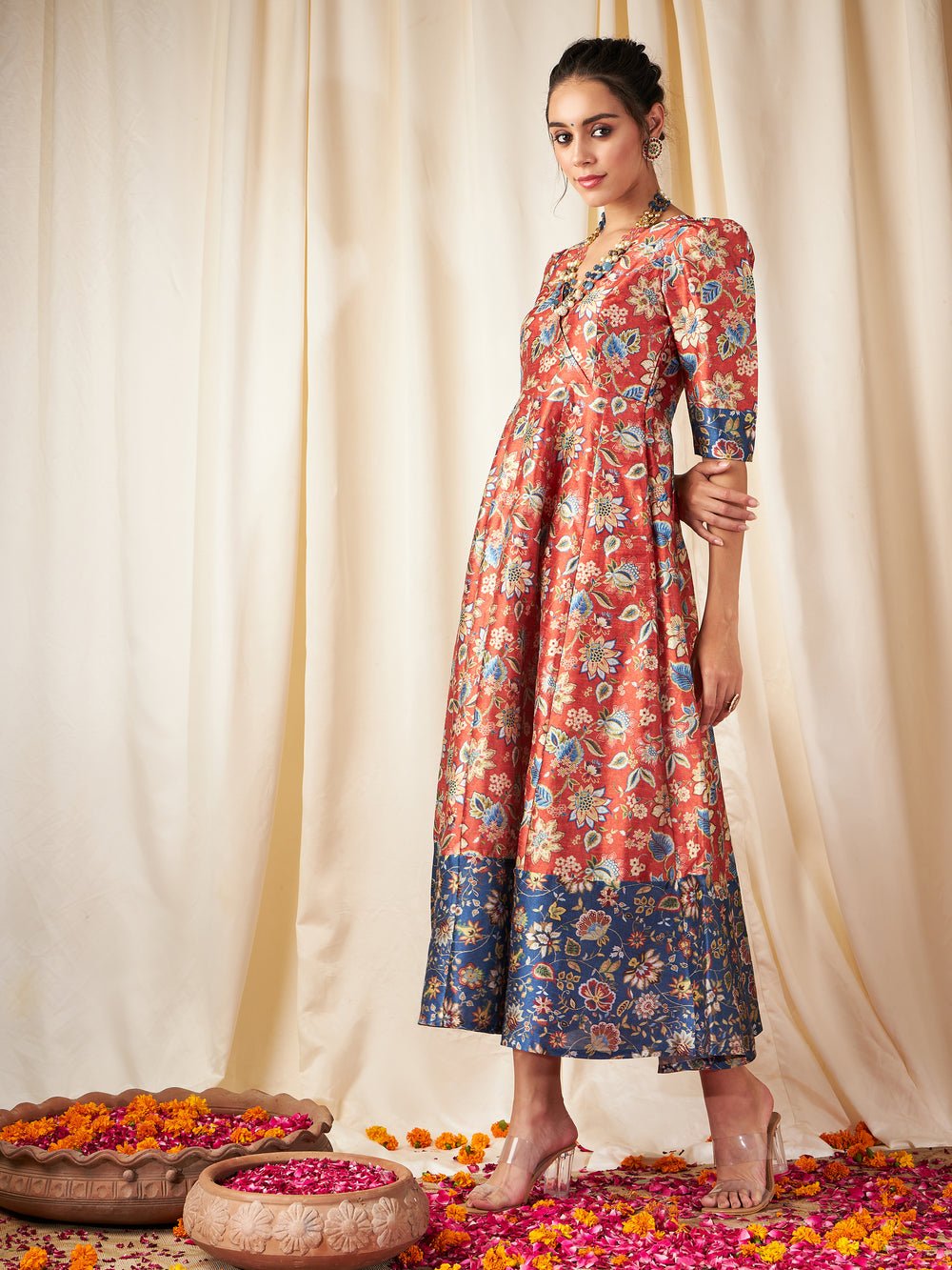 Orange Floral Wrap Anarkali Maxi Dress