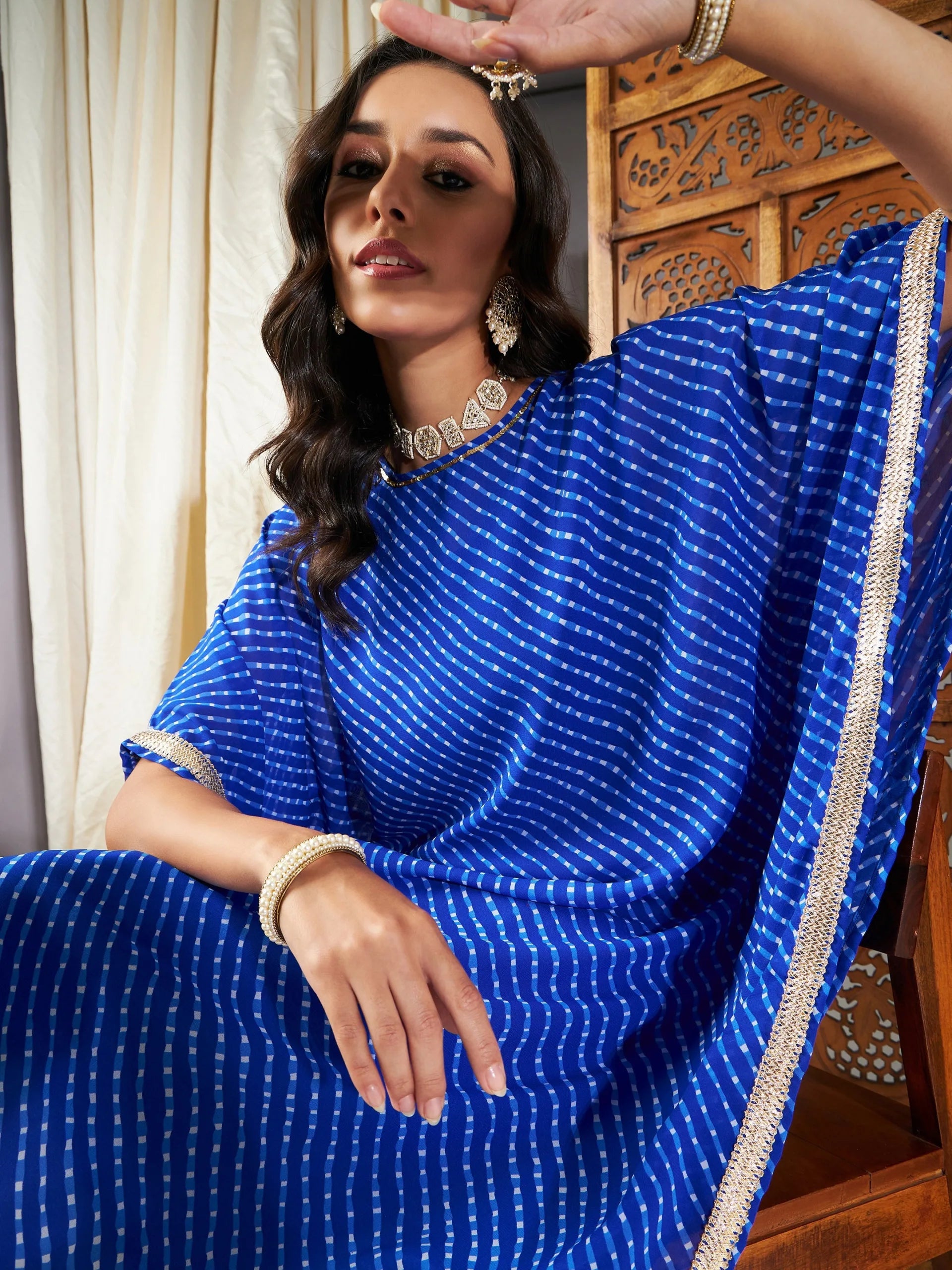 Women Blue Lehariya Kaftan With Slip