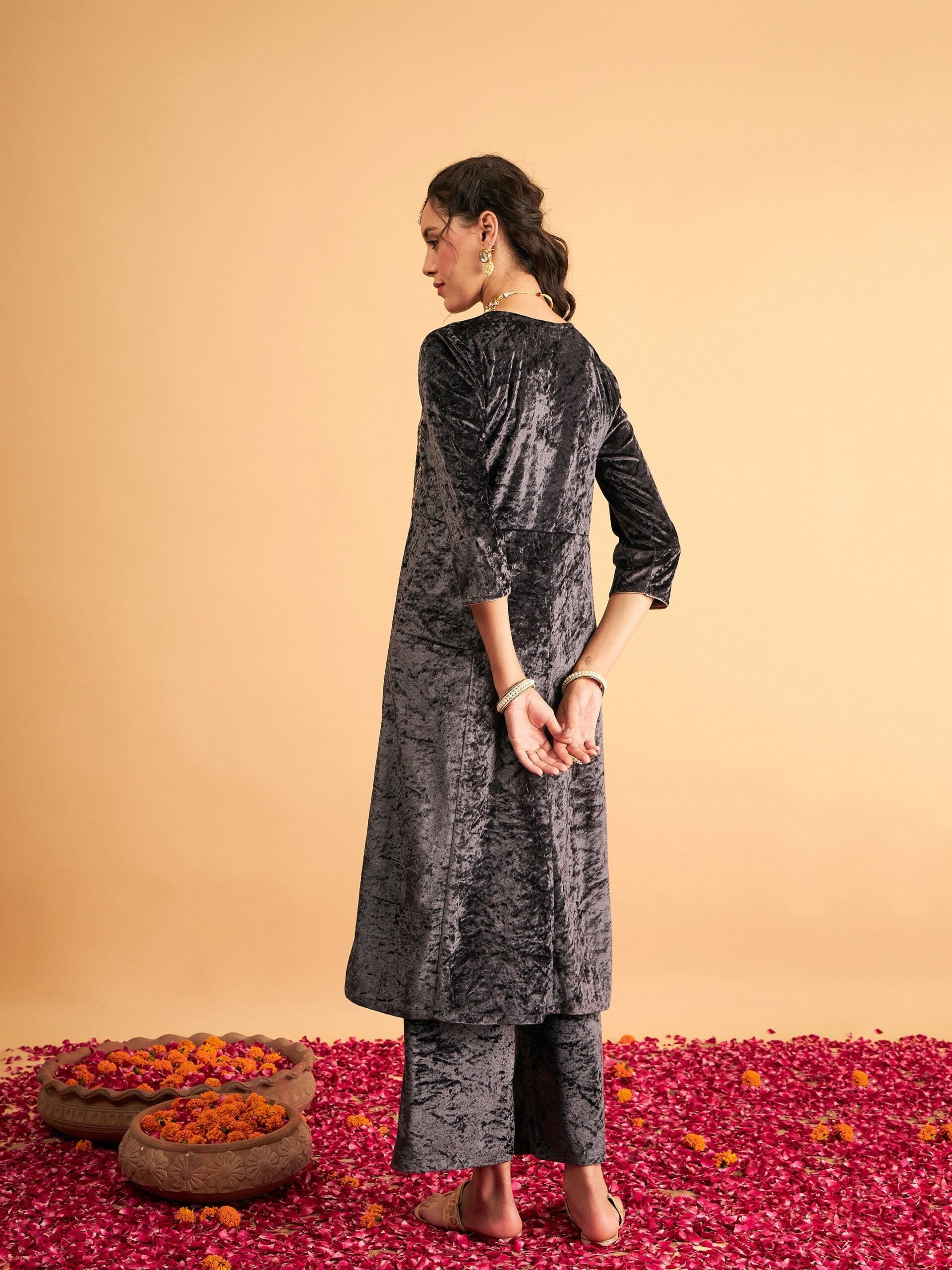 Women Grey Velvet Embroidered Anarkali Dress