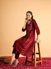 Women Maroon Velvet Embroidered Anarkali Dress