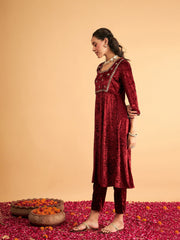 Women Maroon Velvet Embroidered Anarkali Dress