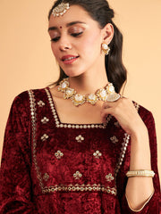 Women Maroon Velvet Embroidered Anarkali Dress